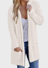 Beige Pockets Hooded Plunging Neckline Long Sleeve Cardigan Coat