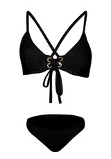 Black 2-in-1 Pleated Cross Back Tie Back Spaghetti Strap Bikini Swimwear