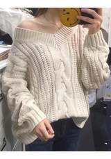 Light Beige One Shoulder Oversize V-neck Long Sleeve Pullover Sweater Light Beige One Shoulder Oversize V-neck Long Sleeve Pullover Sweater