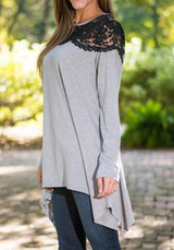 Grey Patchwork Irregular Draped Lace Round Neck Long Sleeve T-Shirt Grey Patchwork Irregular Draped Lace Round Neck Long Sleeve T-Shirt