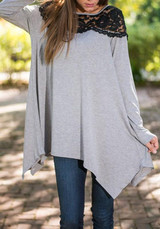 Grey Patchwork Irregular Draped Lace Round Neck Long Sleeve T-Shirt Grey Patchwork Irregular Draped Lace Round Neck Long Sleeve T-Shirt