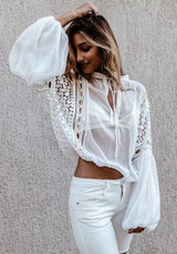 White Patchwork Drawstring Cut Out V-neck Long Sleeve Fashion Blouse