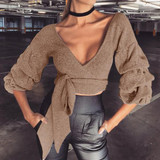 Khaki Midriff Sashes V-neck Long Sleeve Fashion Blouse