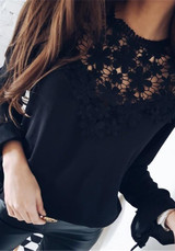 Black Patchwork Lace Cut Out Lace-up Office Worker/Daily Blouse