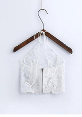 White Patchwork Lace Hollow-out Zipper Crop Vest