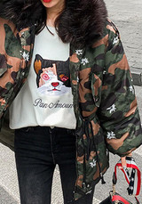 Multicolor Camouflage Pockets Drawstring Hooded V-neck Long Sleeve Cardigan Coat