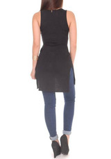 Black Plain Cut Out Irregular Side Slit V-neck Sleeveless Casual T-Shirt