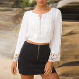 White Patchwork Lace Midriff Drawstring V-neck Fashion Blouse White Patchwork Lace Midriff Drawstring V-neck Fashion Blouse