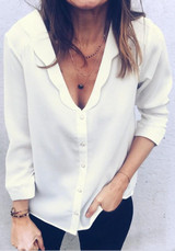 White Single Breasted V-neck Three Quarter Length Sleeve Fashion Blouse