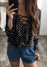 Black Drawstring V-neck Long Sleeve Fashion Blouse Black Drawstring V-neck Long Sleeve Fashion Blouse