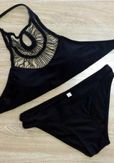 Black Cut Out Tie Back 2-in-1 Round Neck Swimwear
