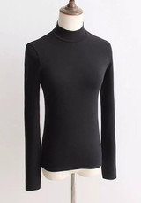 Black Plain High Neck Long Sleeve Fashion T-Shirt