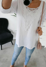 White Patchwork Lace Round Neck Long Sleeve Blouse