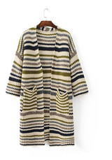 Green Striped Print Pockets V-neck Casual Cardigan Sweater