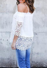 White Patchwork Cut Out Lace Spaghetti Strap Off Shoulder Blouse