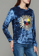 Blue Floral Print Round Neck Long Sleeve T-Shirt Blue Floral Print Round Neck Long Sleeve T-Shirt