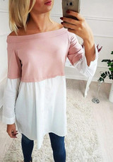 Pink Patchwork Buttons Boat Neck Casual T-Shirt