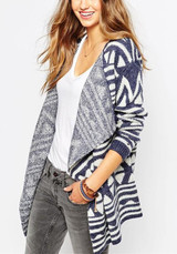 Blue Geometric Print Long Sleeve Fashion Cardigan Sweater Coat