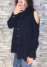Black Plain Single Breasted Cut Out Turndown Collar Blouse