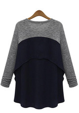 Grey-Blue Patchwork Irregular Round Neck Long Sleeve Plus Size T-Shirt