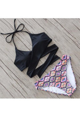 Black Patchwork Condole Belt 2-in-1 Tie Back Fashion Swimwear