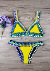 Yellow Patchwork Print Condole Belt 2-in-1 V-neck Swimwear
