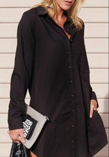 Black Plain Single Breasted Turndown Collar Long Sleeve Fashion Blouse