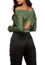 Green Crop Cut Out Boat Neck Long Sleeve Fashion T-Shirt
