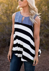 Blue Striped Cut Out Round Neck Fashion Vest