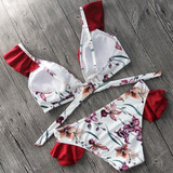 White Floral Cascading Ruffle Tie Back Two Piece Bikini Swimming Suit