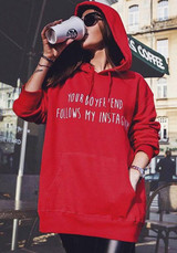 Red Monogram Print Pockets Drawstring Christmas Hooded Casual Pullover Sweatshirt