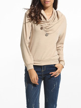 Casual Diagonal Buttons Cowl Neck Cotton Plain Sweatshirt