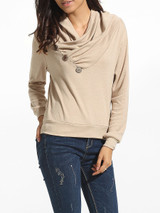 Casual Diagonal Buttons Cowl Neck Cotton Plain Sweatshirt