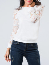 Casual Crew Neck Hollow Out Patchwork Plain Raglan Sleeve Sweatshirt
