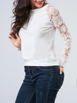 Casual Crew Neck Hollow Out Patchwork Plain Raglan Sleeve Sweatshirt