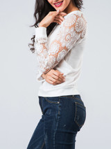 Casual Crew Neck Hollow Out Patchwork Plain Raglan Sleeve Sweatshirt