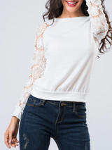 Casual Crew Neck Hollow Out Patchwork Plain Raglan Sleeve Sweatshirt