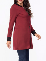 Casual Band Collar Contrast Trim Zips Coat