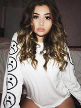 New White Flowers Print Round Neck Long Sleeve Fashion Sweatshirt