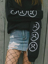 New Black Flowers Print Round Neck Long Sleeve Fashion Sweatshirt