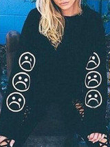 New Black Flowers Print Round Neck Long Sleeve Fashion Sweatshirt