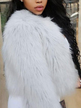 New Grey Faux Fur Round Neck Long Sleeve Casual Coat