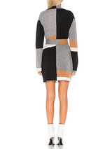 New Grey Color Block Print Belt Long Sleeve Casual Cardigan Sweater