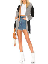 New Grey Color Block Print Belt Long Sleeve Casual Cardigan Sweater