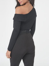 New Black Ruffle Irregular Asymmetric Shoulder Long Sleeve Fashion Short Jumpsuit