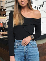 New Black Ruffle Irregular Asymmetric Shoulder Long Sleeve Fashion Short Jumpsuit