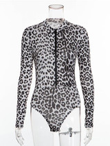 New Black Leopard Print Long Sleeve High Waisted Fashion Short Jumpsuit