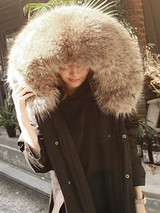 New Black Patchwork Fur Pockets Single Breasted Drawstring Hooded Long Sleeve Casual Coat