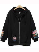 New Black Flowers Drawstring Pockets Hooded Long Sleeve Fashion Outerwear