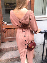 New Pink Buttons Bow Sashes Long Sleeve Sweet Going out Maxi Dress